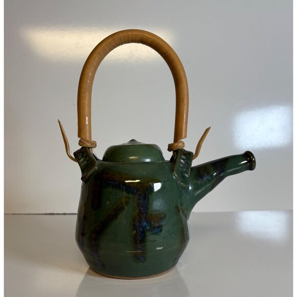 Handcrafted Green Pottery Teapot Rattan Handle Artisan-Made Signed - Picture 5 of 9
